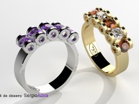 Anillos en oro blanco con amatista y oro amarillo con diamantes talla brillante y topacio