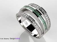 Anillo oro blanco, diamantes talla brillante y turmalinas verdes